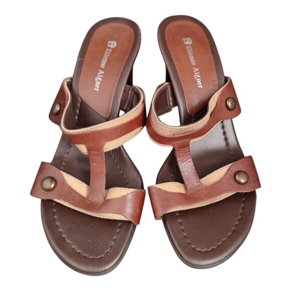 Etienne Aigner Diablo Slip On Sandals Brown Leather Heels Open Toe Stud Size 7M - Picture 6 of 15